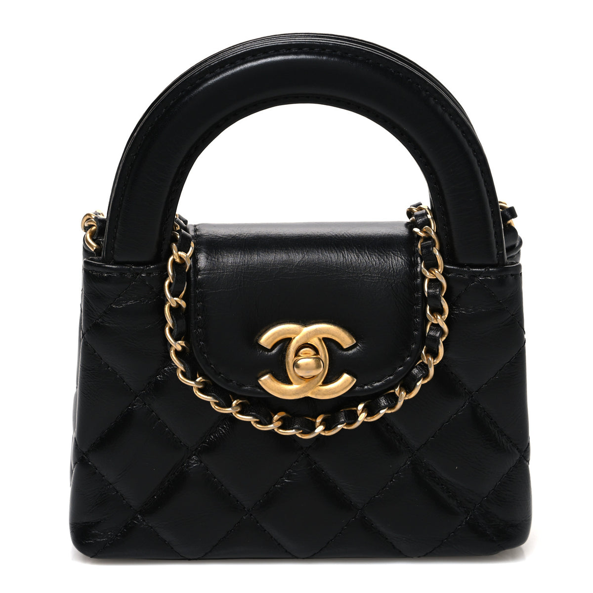 Shiny Aged Calfskin Quilted Mini Nano Kelly Shopper Black