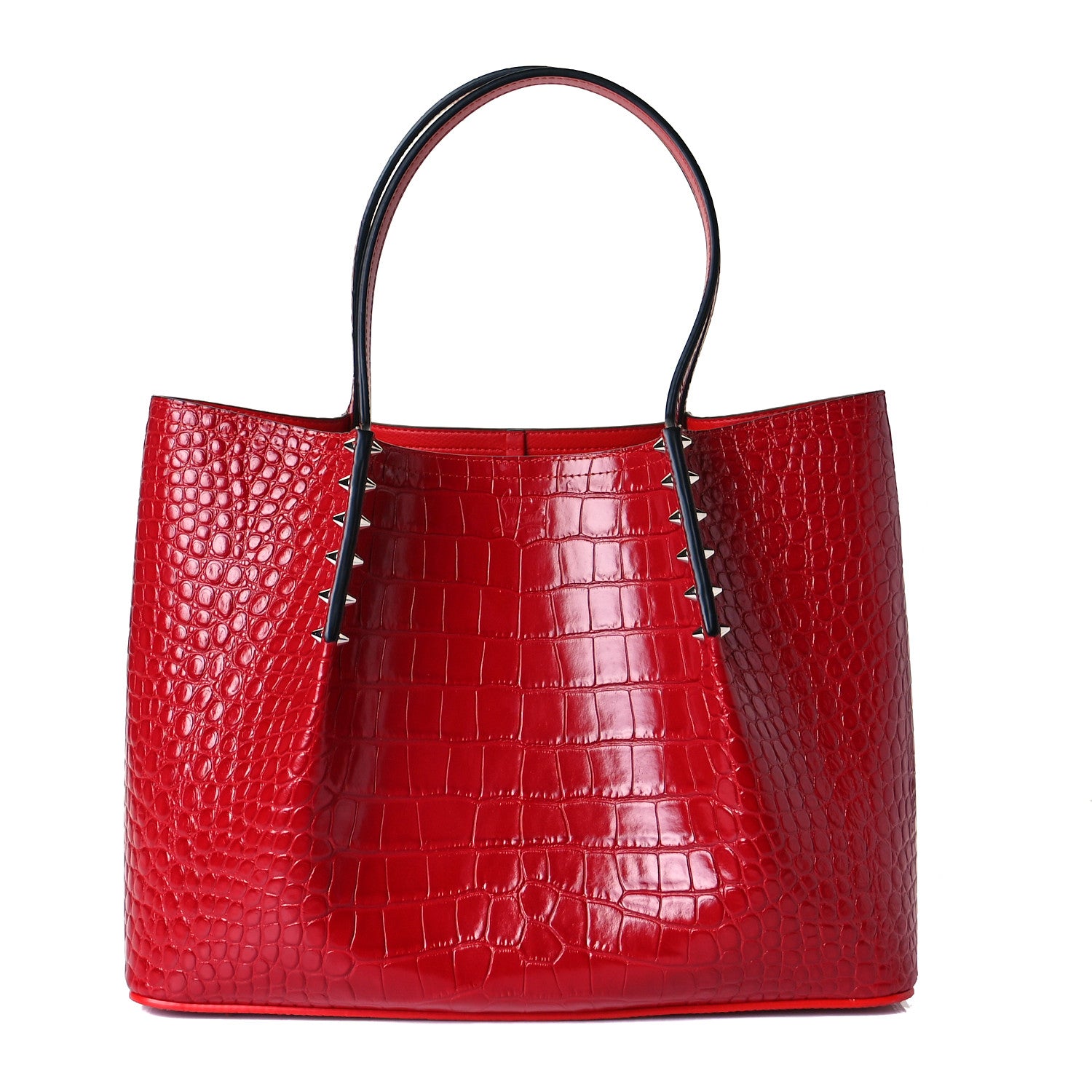 Christian Louboutin Crocodile Embossed Calfskin Spiked Small Cabarock Shopper Tote Red 1 of 6