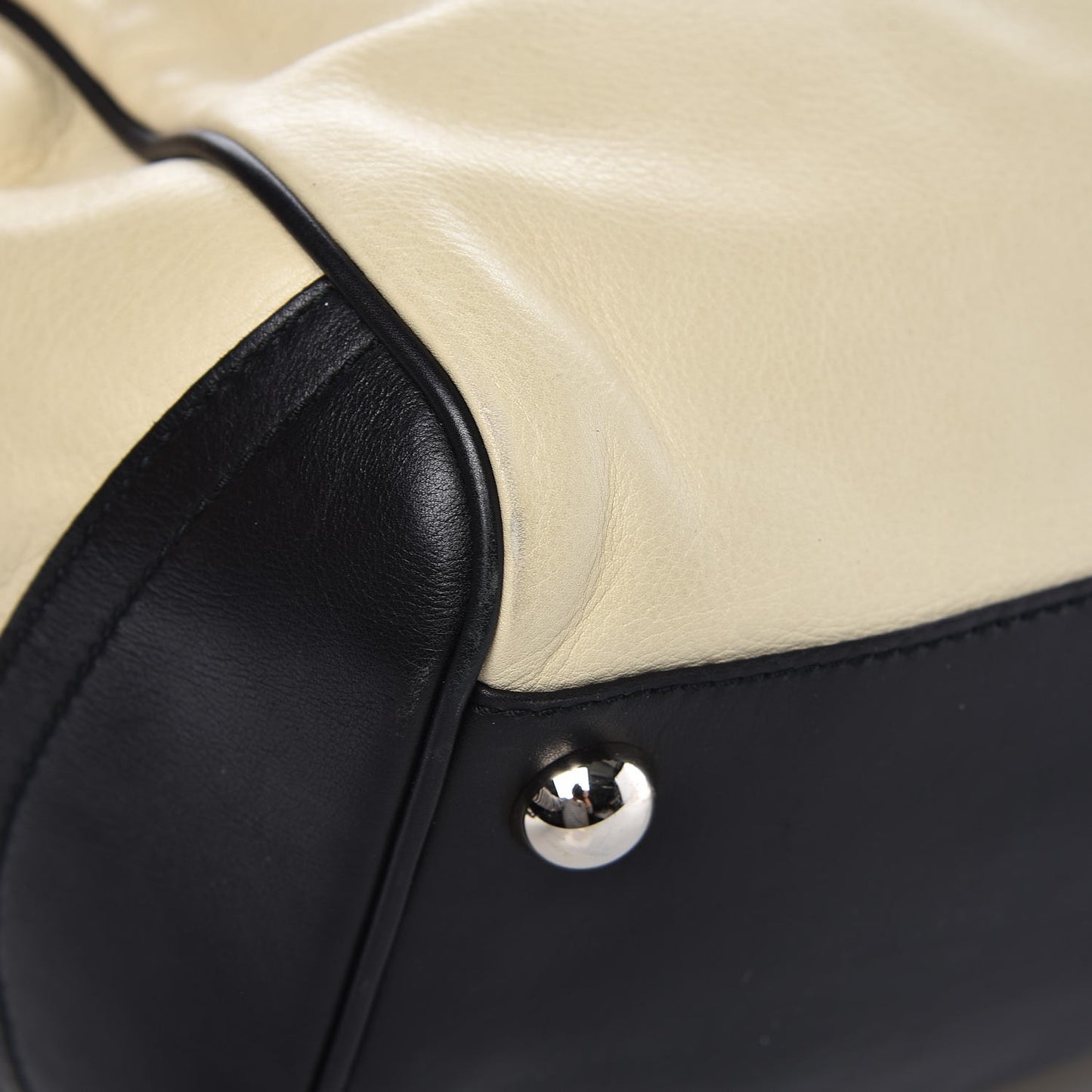 Calfskin Chain Lock Frame Satchel Beige Black