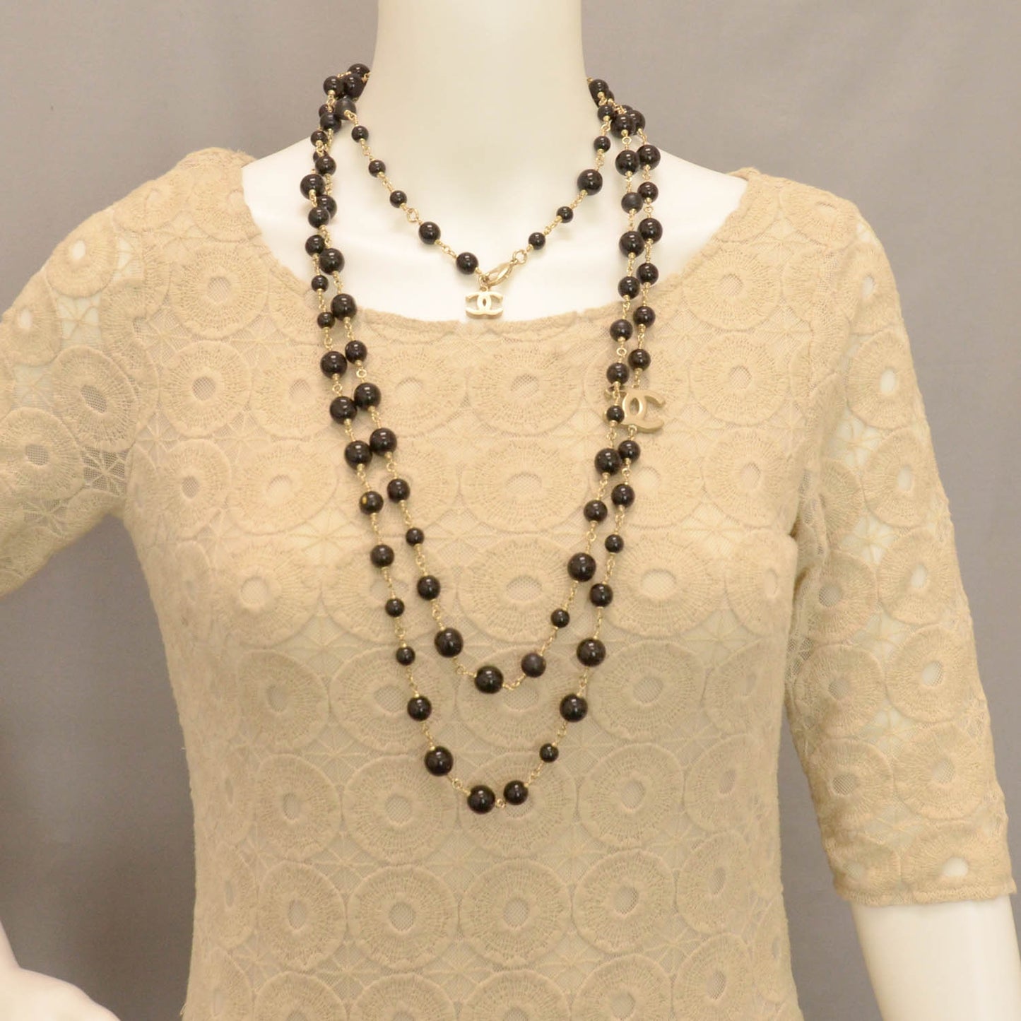 Long Beaded CC Double Strand Necklace Black