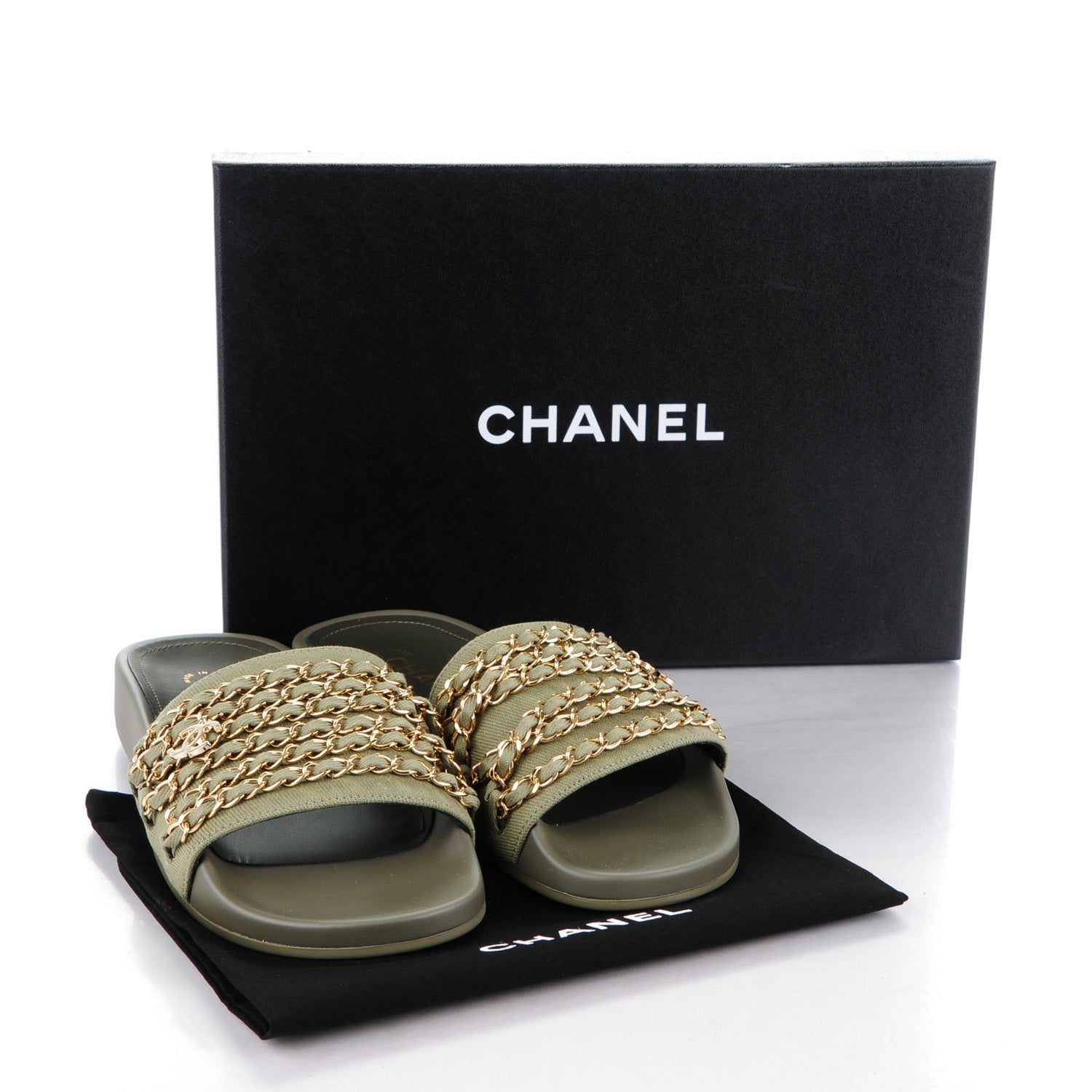 Chanel Lambskin Canvas Chain Flat Sandals 37 Khaki 7 of 7