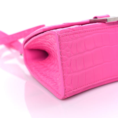 Balenciaga Shiny Calfskin Crocodile Embossed Hourglass Top Handle Bag XS Neon Pink 7 of 12