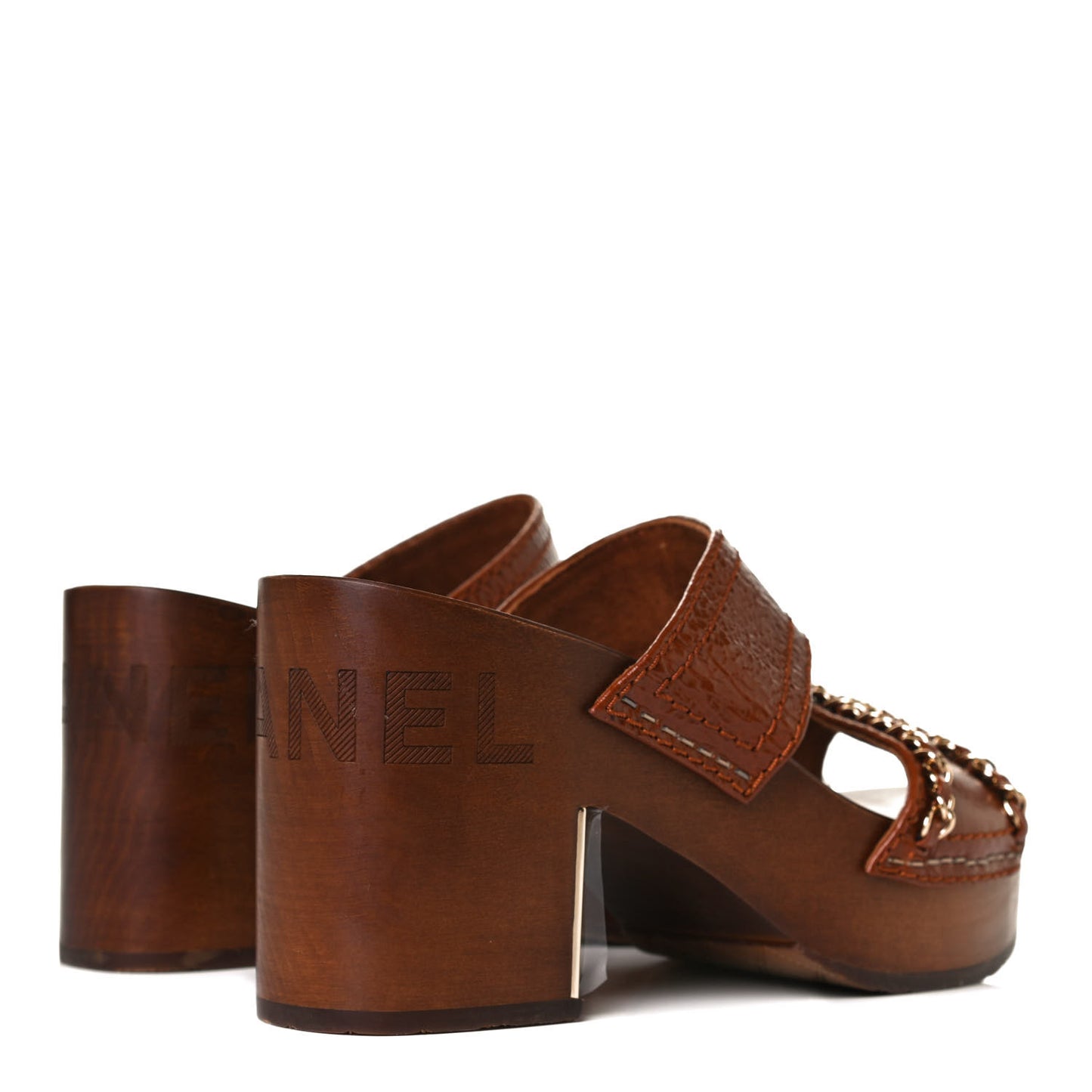 Glazed Calfskin Wood Chain Sandals 36 Brown