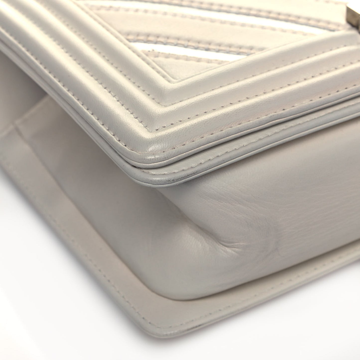 Lambskin Iridescent PVC Chevron Quilted Medium Boy Flap White Silver