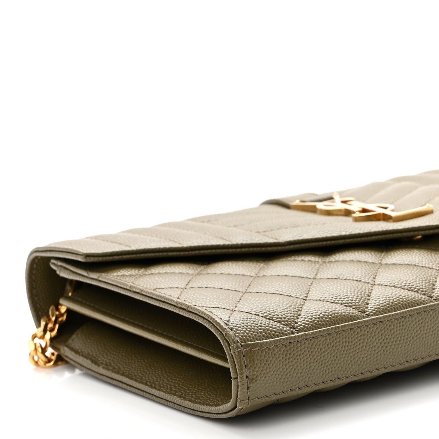 Saint Laurent Grain De Poudre Mixed Matelasse Triquilt Monogram Chain Wallet Kaki 7 of 8