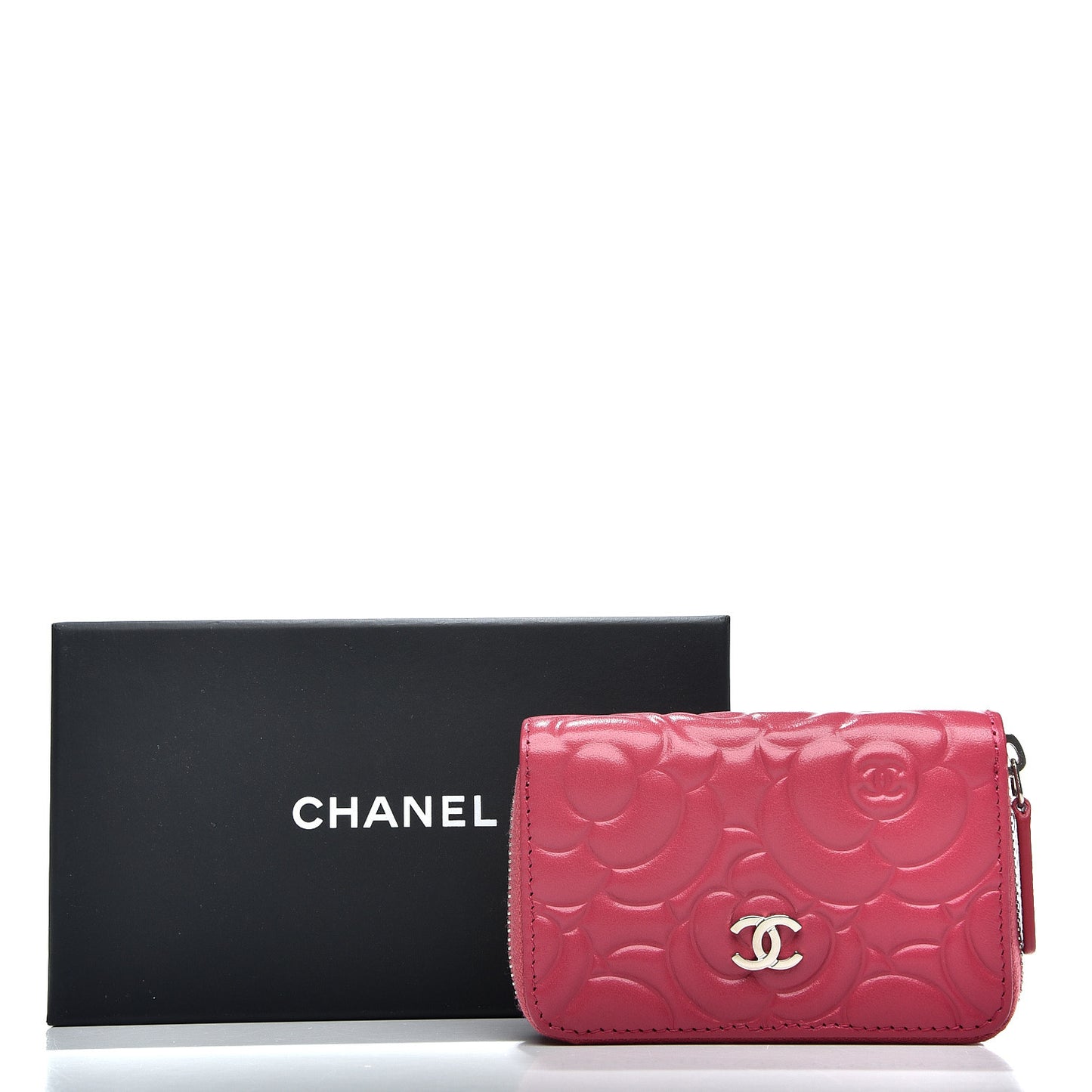 Lambskin Camellia Embossed Zip Around Card Holder Fuchsia