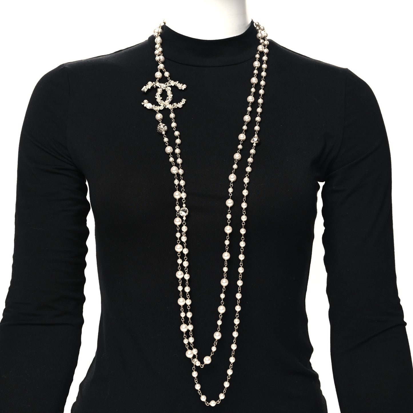 Crystal Pearl CC Charms Long Necklace Gold