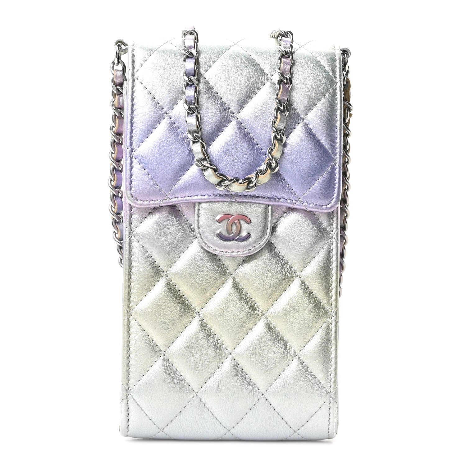 Chanel Gradient Metallic Calfskin Quilted CC Phone Holder Silver Blue Yellow Purple 1 of 11