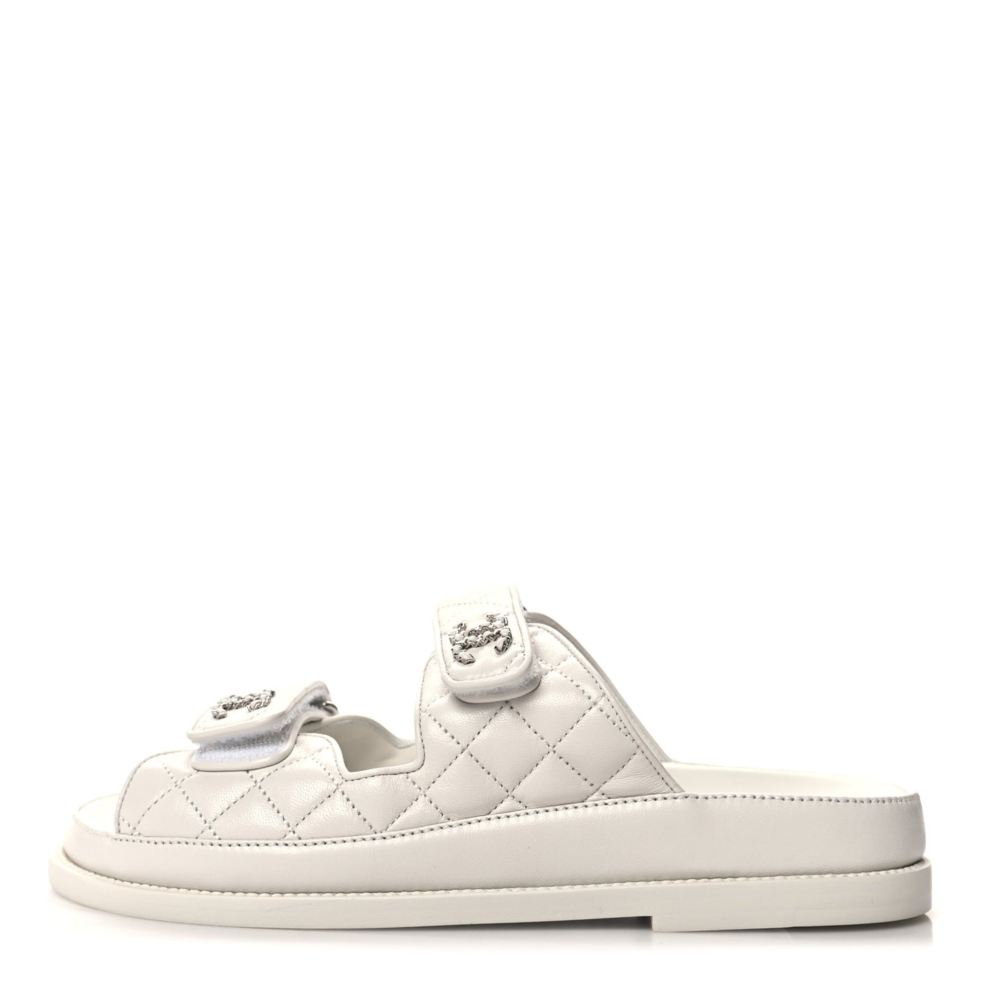 Lambskin Quilted Velcro Dad Chain CC Slide Sandals 39 White