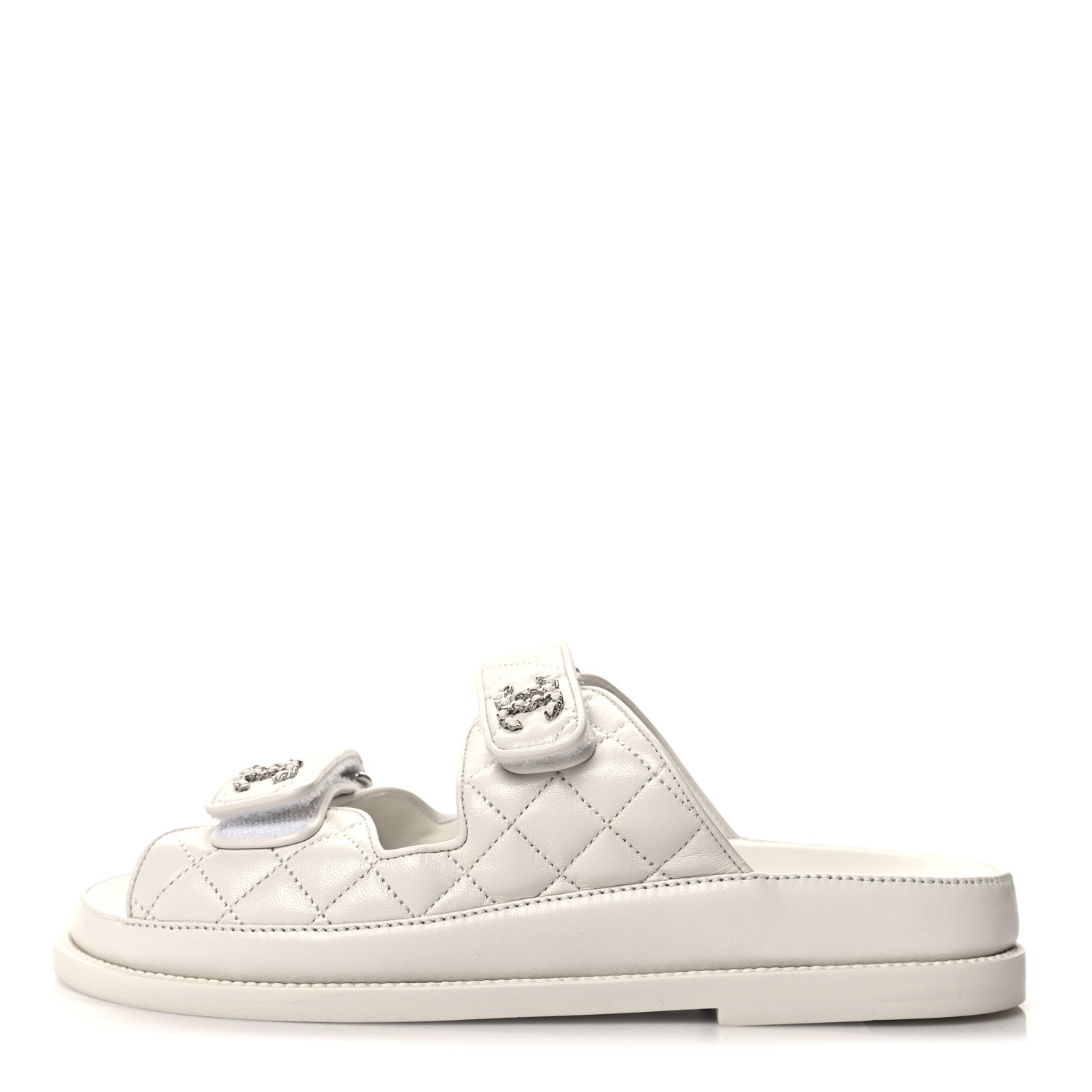 Chanel Lambskin Quilted Velcro Dad Chain CC Slide Sandals 39 White 1 of 9
