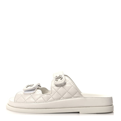 Chanel Lambskin Quilted Velcro Dad Chain CC Slide Sandals 39 White 1 of 9