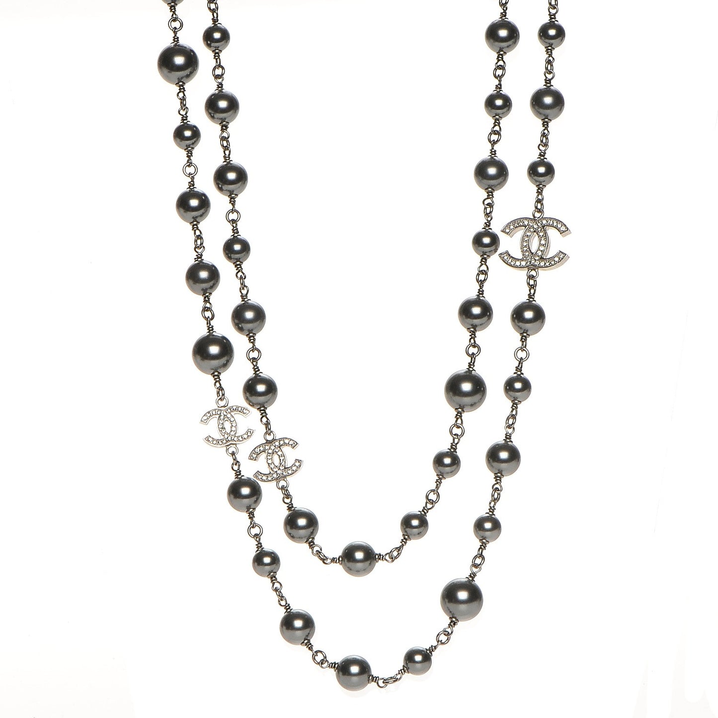 Pearl Crystal CC Long Necklace Silver Grey