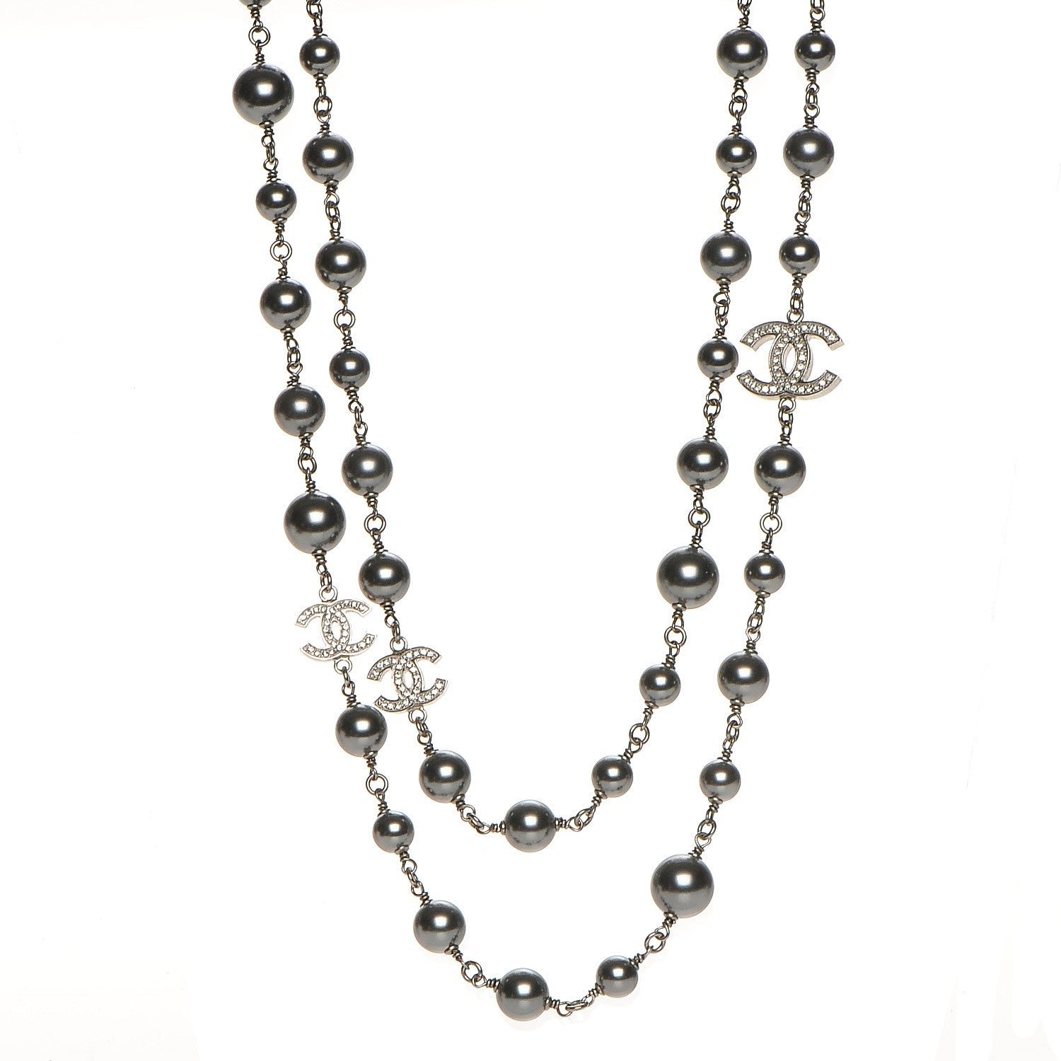 Chanel Pearl Crystal CC Long Necklace Silver Grey 1 of 6