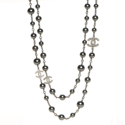 Chanel Pearl Crystal CC Long Necklace Silver Grey 1 of 6