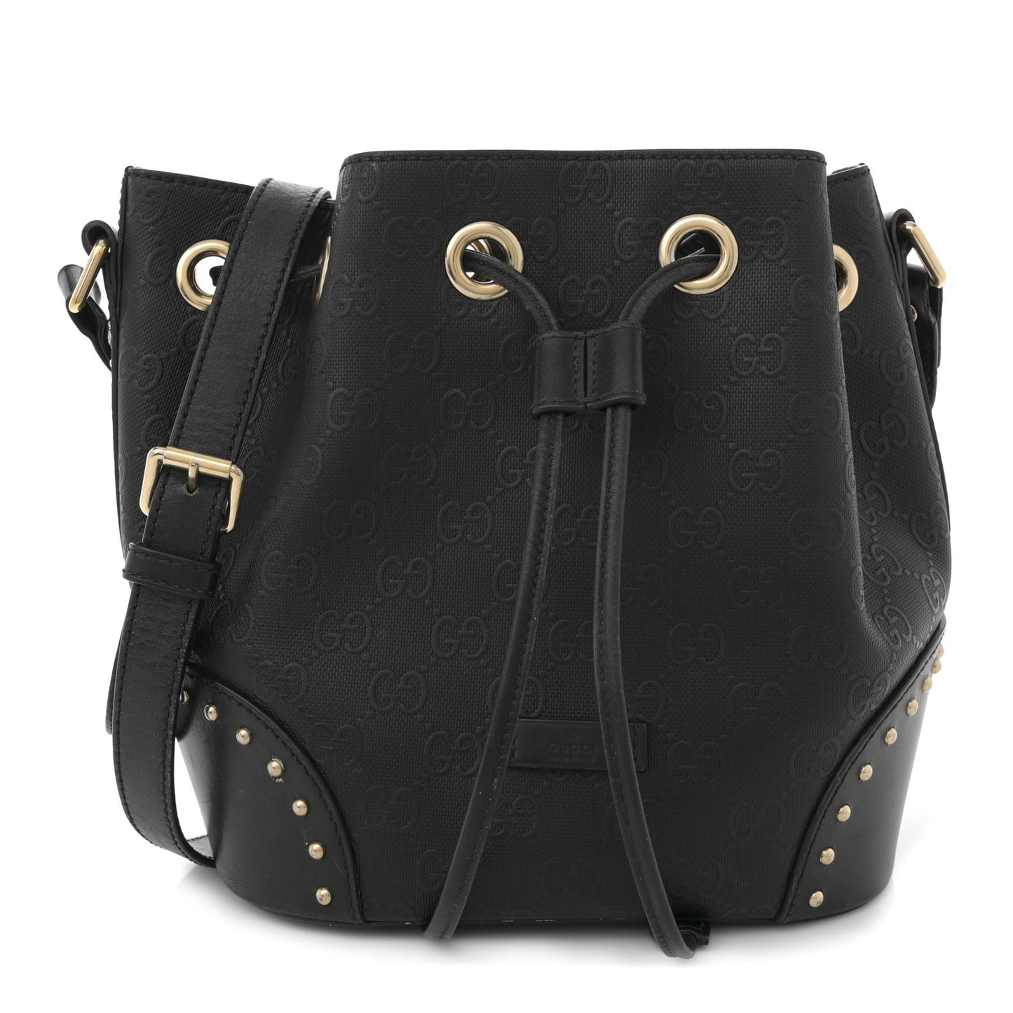 HIlary Lux GG Monogram Embossed Studded Small Bucket Bag Black