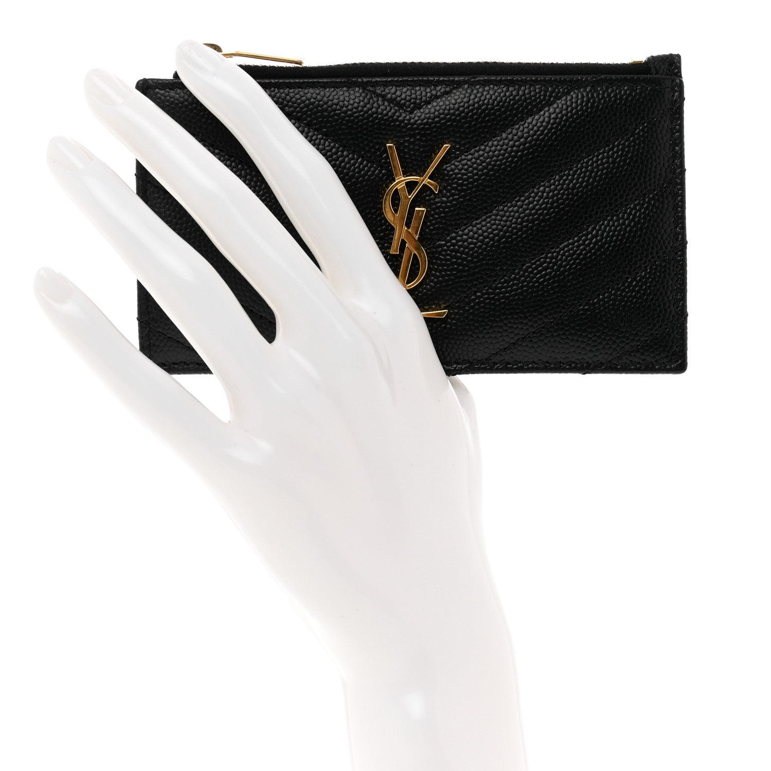 Saint Laurent Grain De Poudre Matelasse Chevron Monogram Fragments Zippered Card Case Black 2 of 6