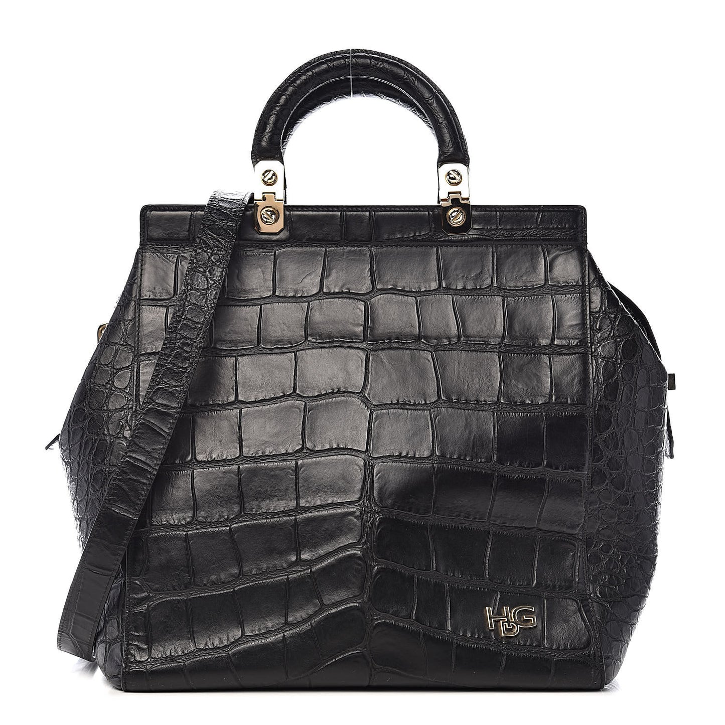 Calfskin Crocodile Embossed Medium HDG Top Handle Bag Black