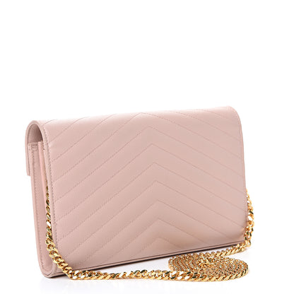 Saint Laurent Grain De Poudre Matelasse Chevron Monogram Chain Wallet Pale Blush 2 of 13