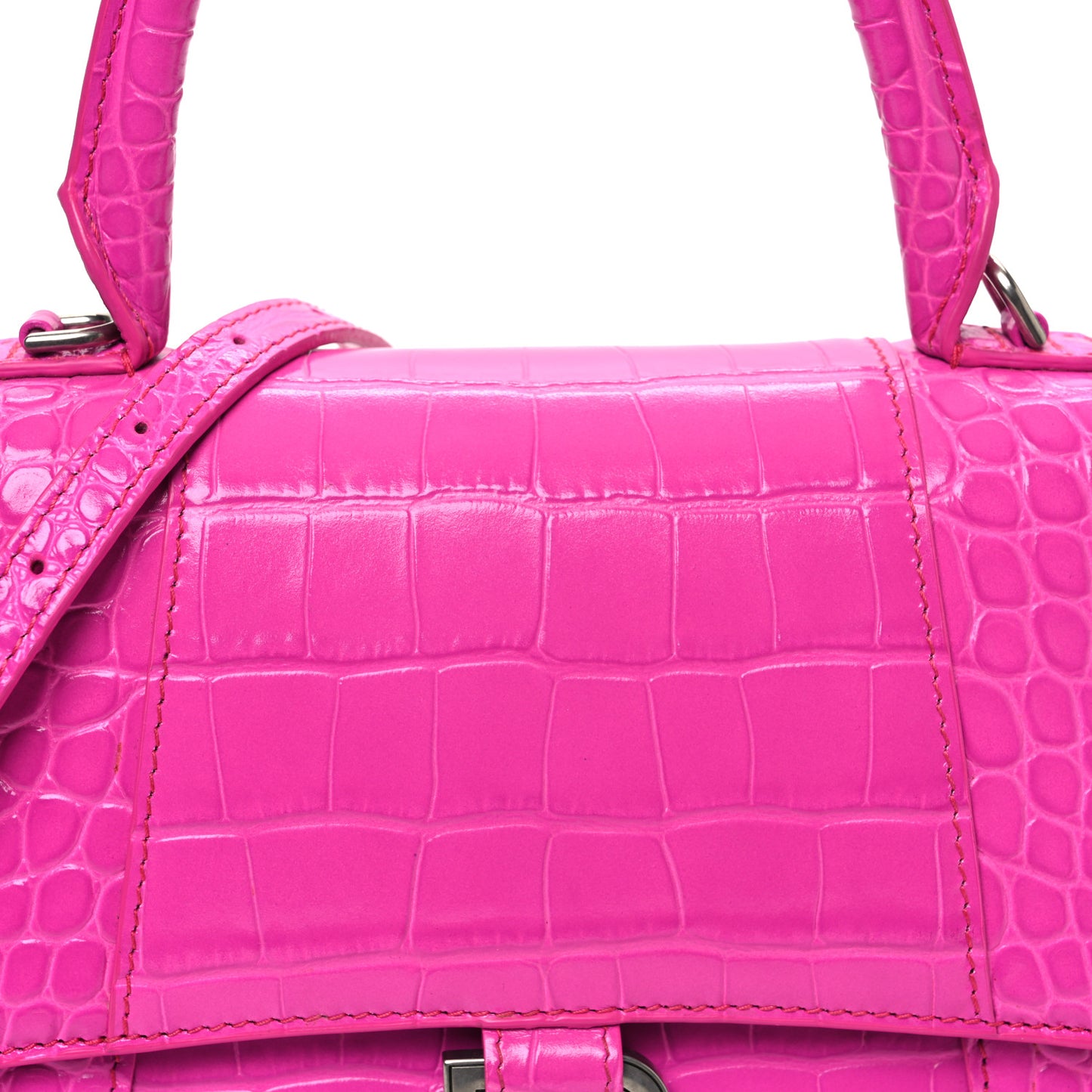 Shiny Calfskin Crocodile Embossed Small Hourglass Top Handle Bag Fuchsia