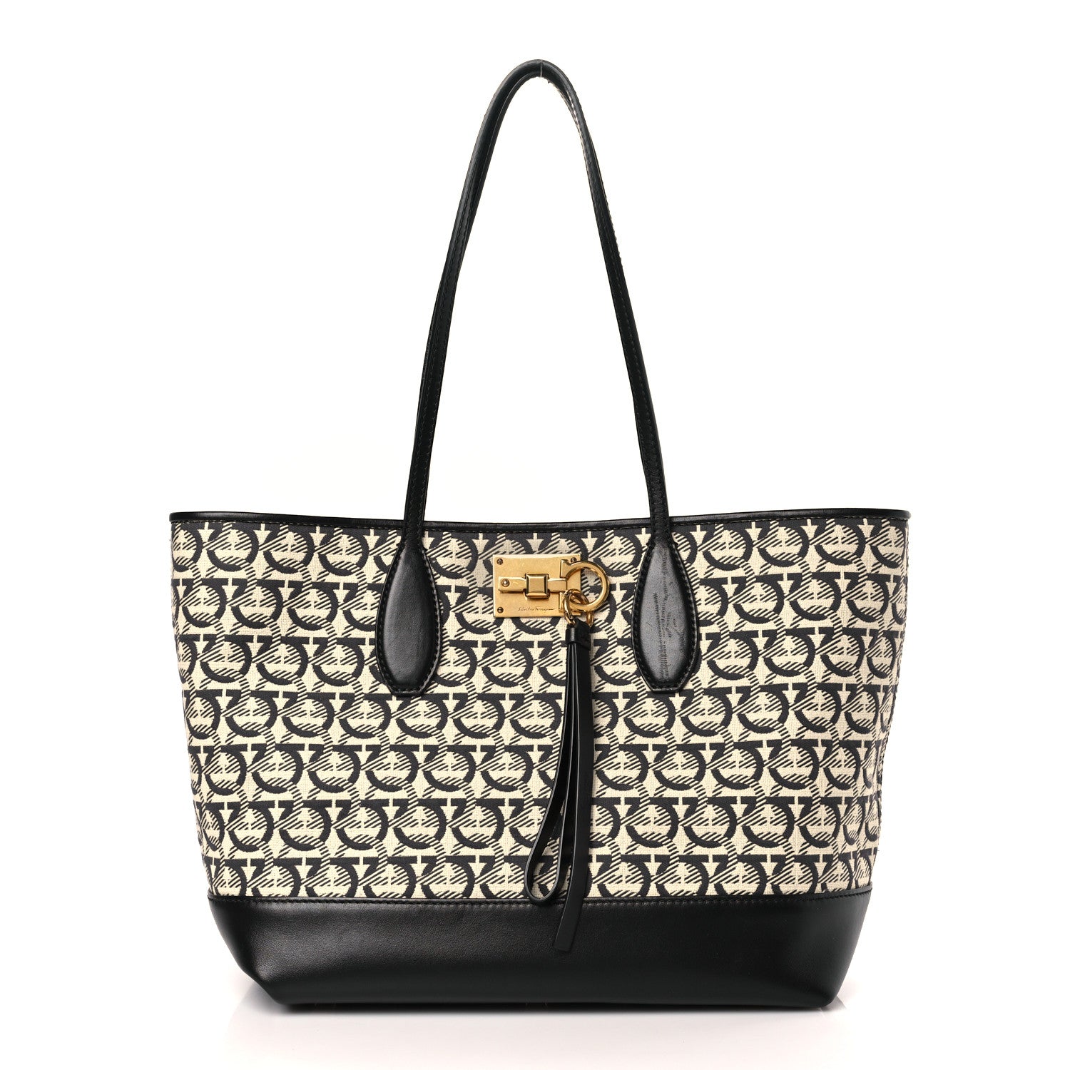 Salvatore Ferragamo Canvas Calfskin The Studio Tote Beige Black 3 of 11