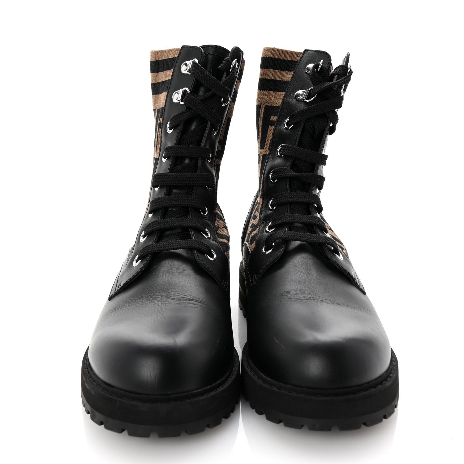 Fendi Calfskin Stretch Fabric FF Rockoko Biker Boots 7 Black Tobacco 3 of 9