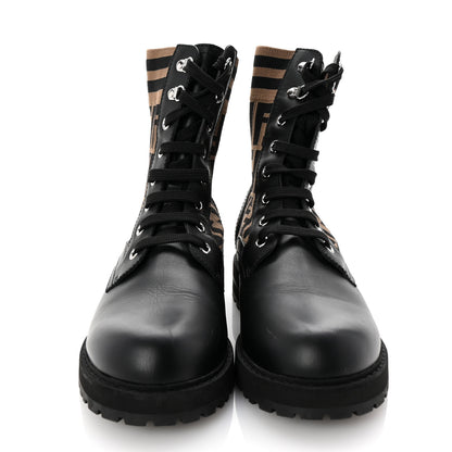 Fendi Calfskin Stretch Fabric FF Rockoko Biker Boots 7 Black Tobacco 3 of 9