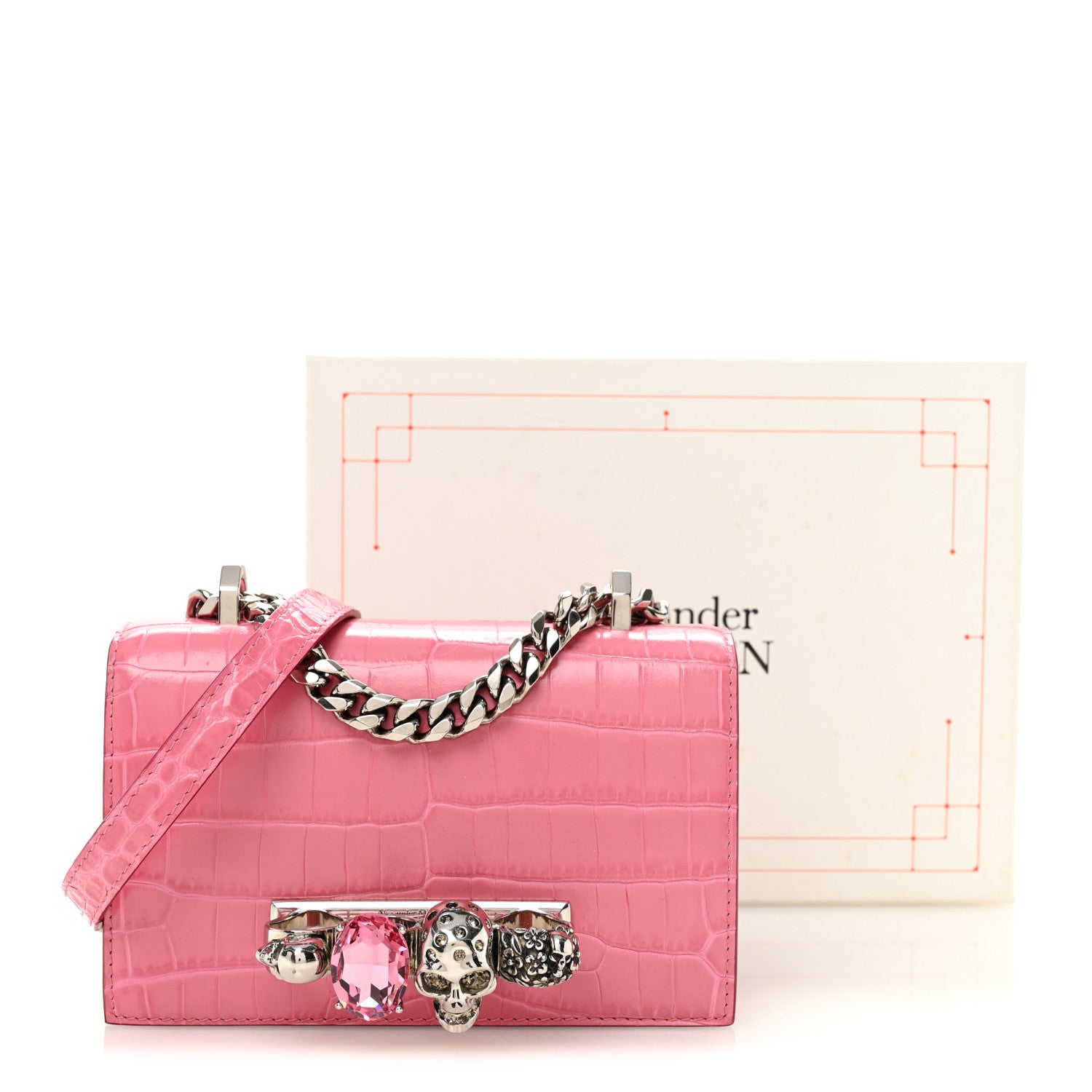 Alexander McQueen Calfskin Crocodile Embossed Mini Jeweled Knuckle