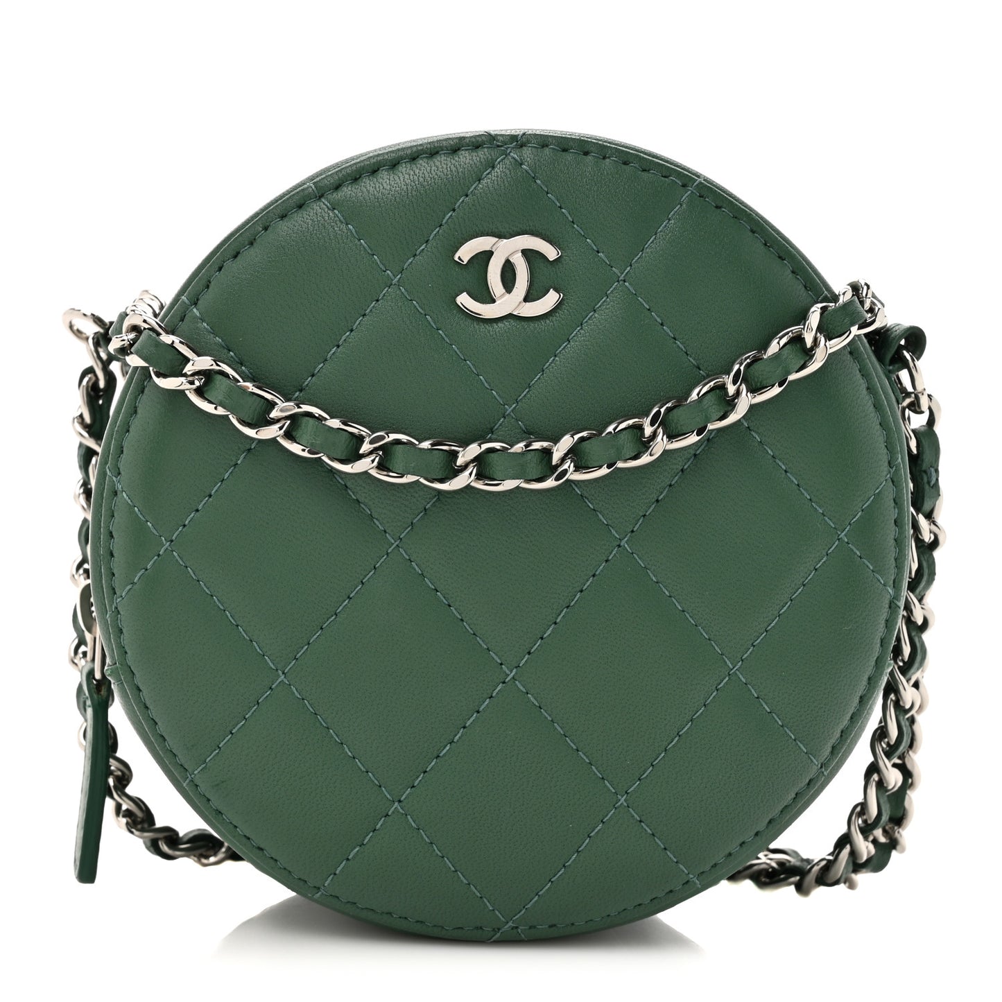 Lambskin Quilted Round Clutch With Chain Green