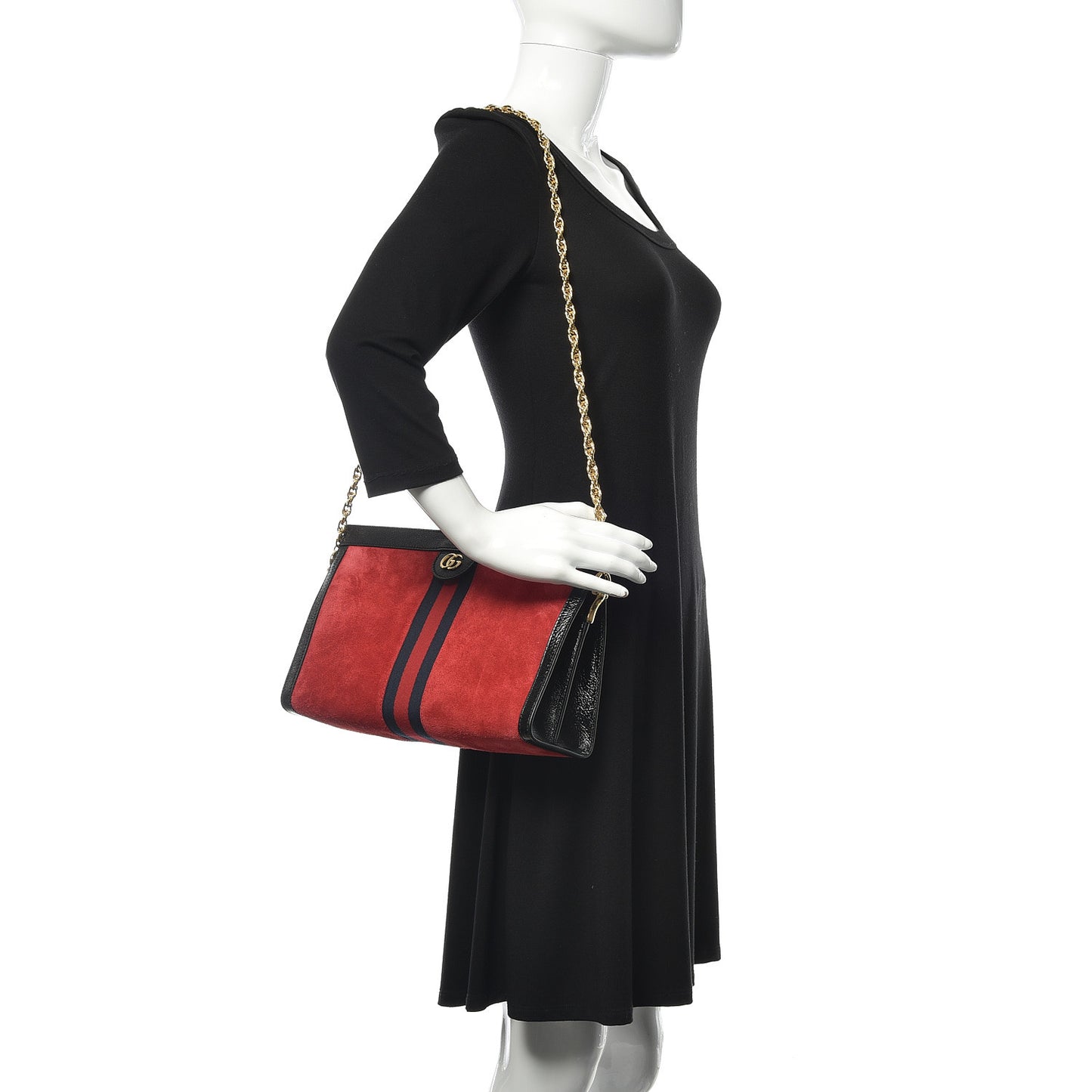 Suede Patent Web Medium Ophidia Chain Shoulder Bag Hibiscus Red Black
