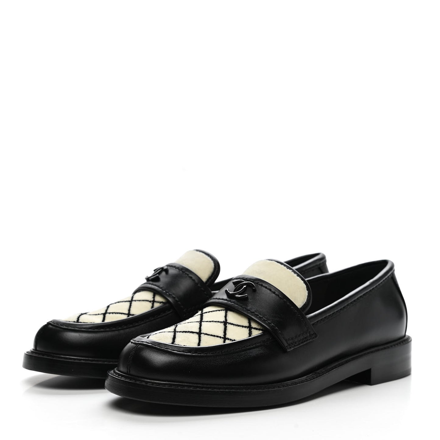 Calfskin Fabric Embroidered Quilted CC Loafers 37 Ivory Black