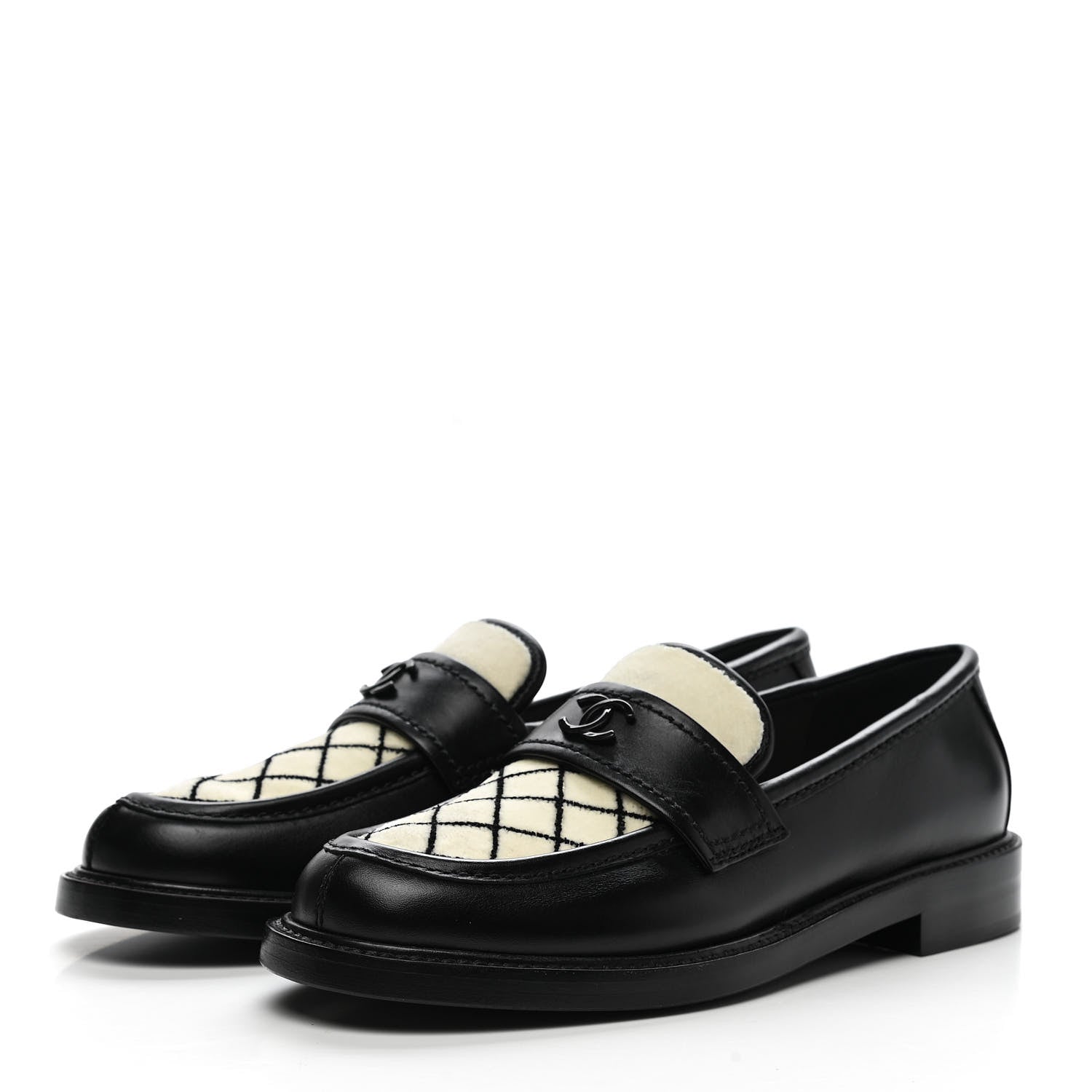Chanel Calfskin Fabric Embroidered Quilted CC Loafers 37 Ivory Black 3 of 9