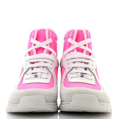 Chanel Suede Calfskin Lambskin Neoprene High Top CC Sneakers 40 White Fluo Pink 2 of 7