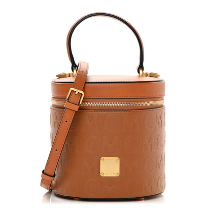 MCM Calfskin Embossed Monogram Cylinder Crossbody Bag Cognac 1 of 9