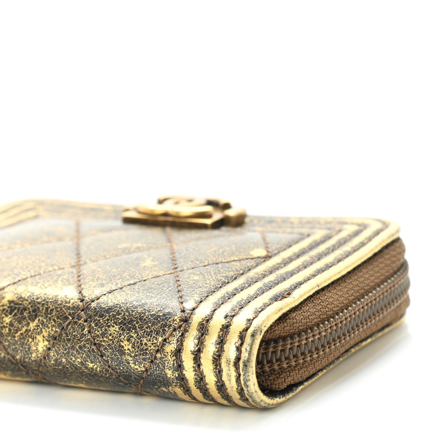 Chanel Cracked Metallic Calfskin Quilted Boy Zip Around Coin Purse Wallet Gold 9 of 10
