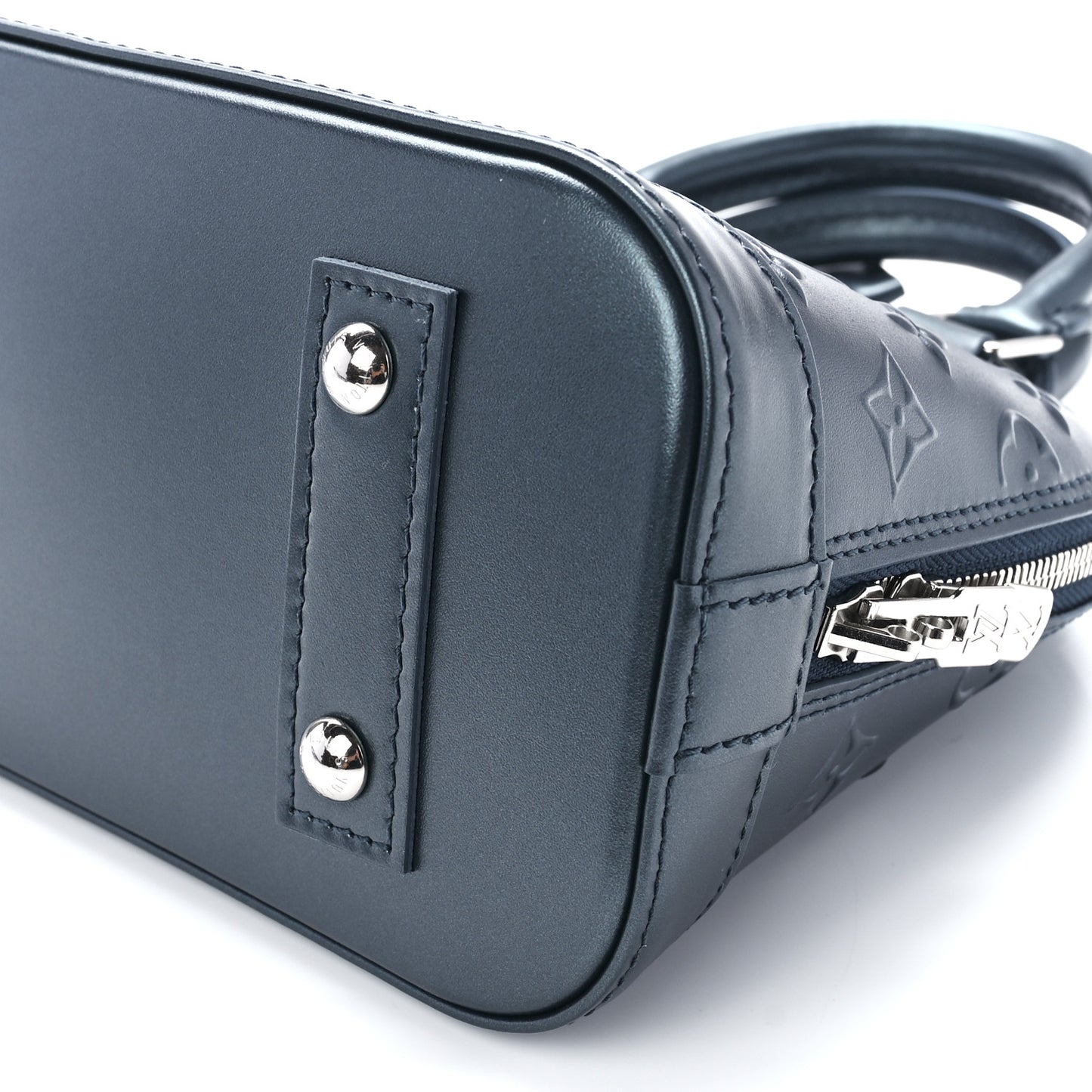 Metallic Calfskin Debossed Monogram Alma BB Steel Blue