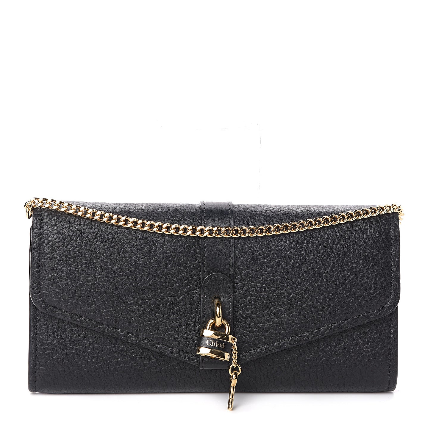 Shiny Grained Calfskin Aby Wallet on Chain Black