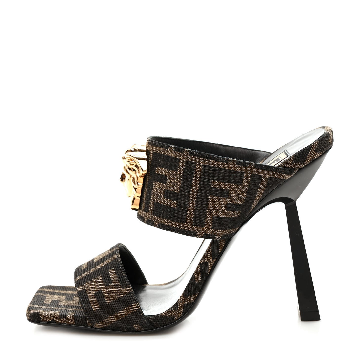 X FENDI Fabric Jacquard Fendace Medusa High Heel Mule Sandals 36 Tobacco Black