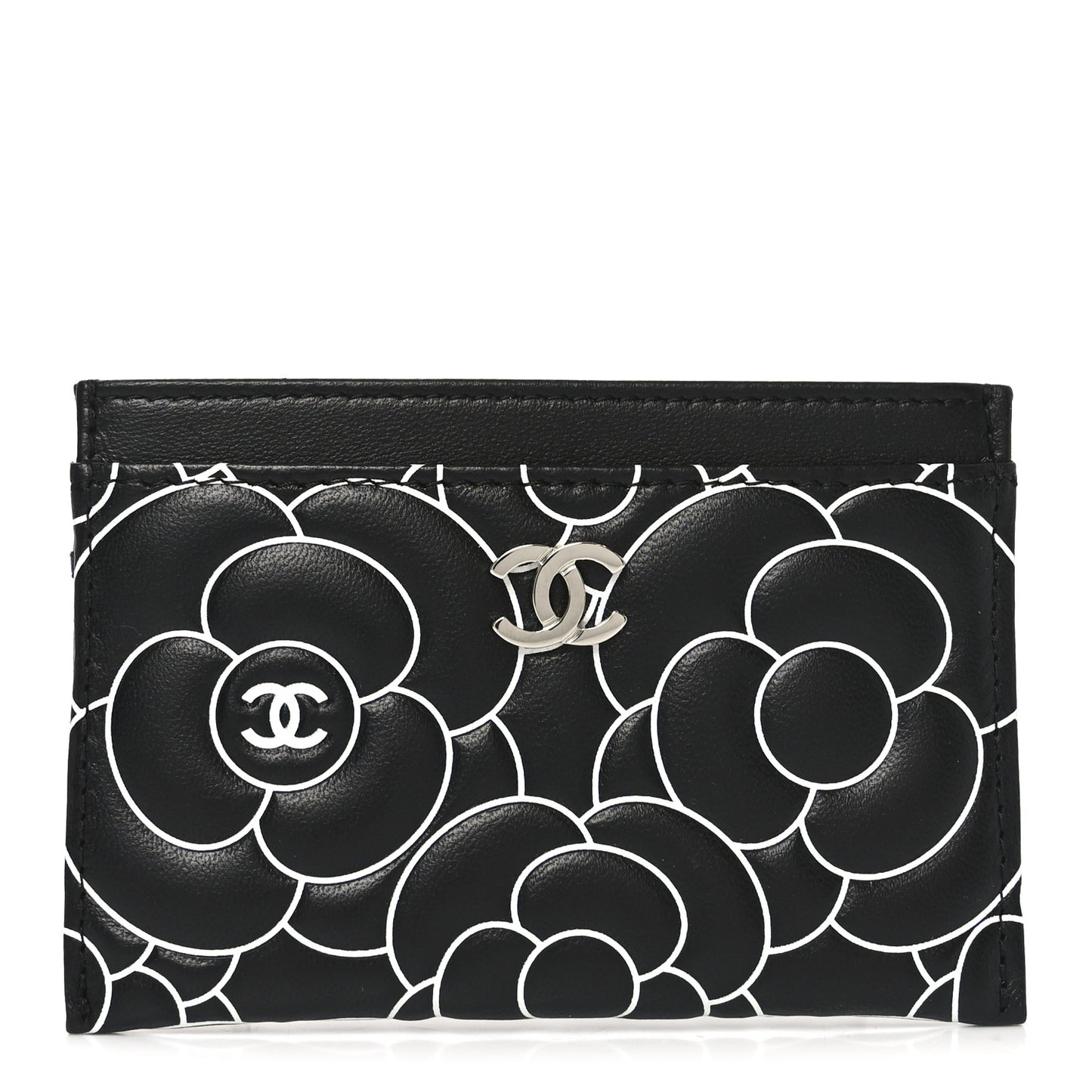 Lambskin Camellia Embossed Card Holder Black White