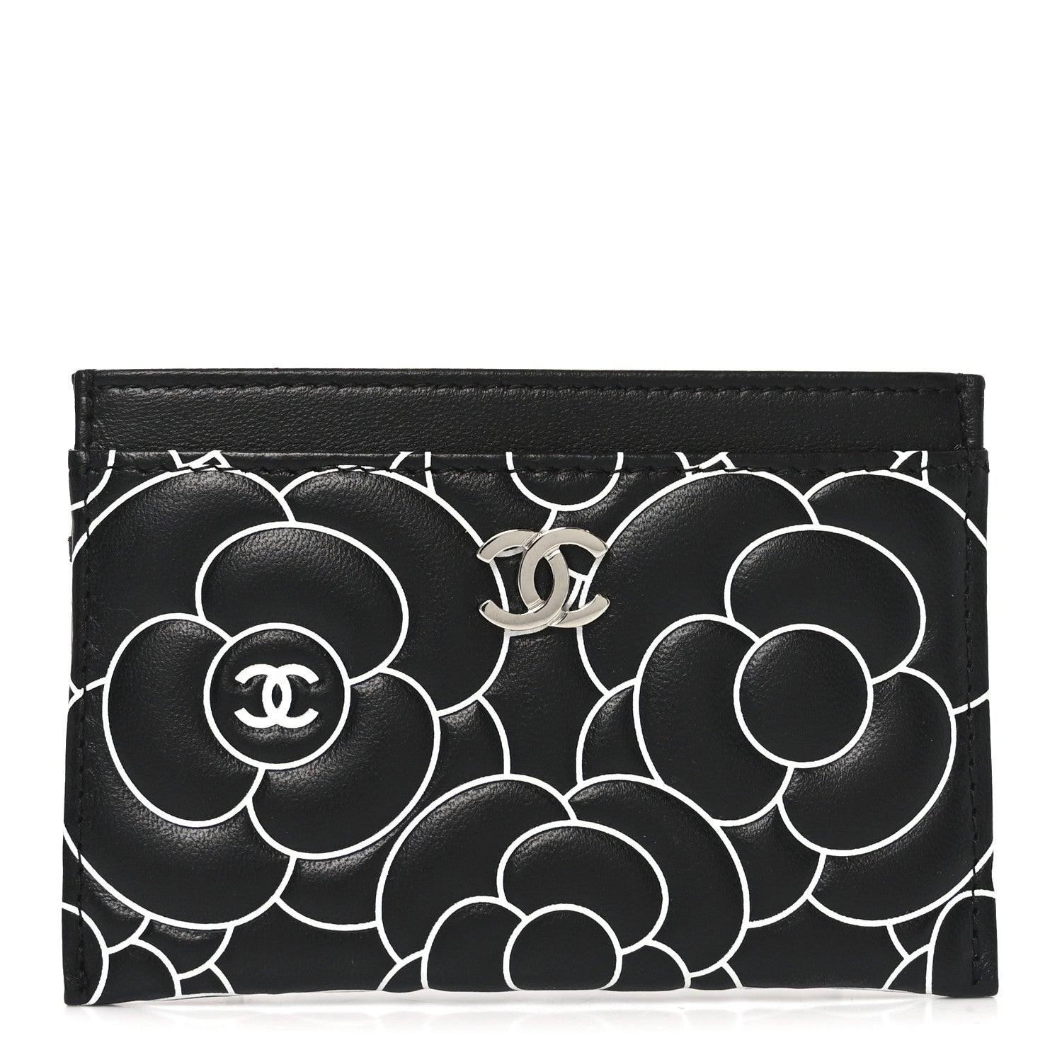 Chanel Lambskin Camellia Embossed Card Holder Black White 1 of 9
