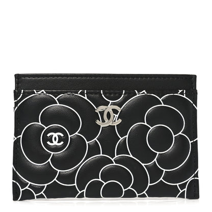 Chanel Lambskin Camellia Embossed Card Holder Black White 1 of 9