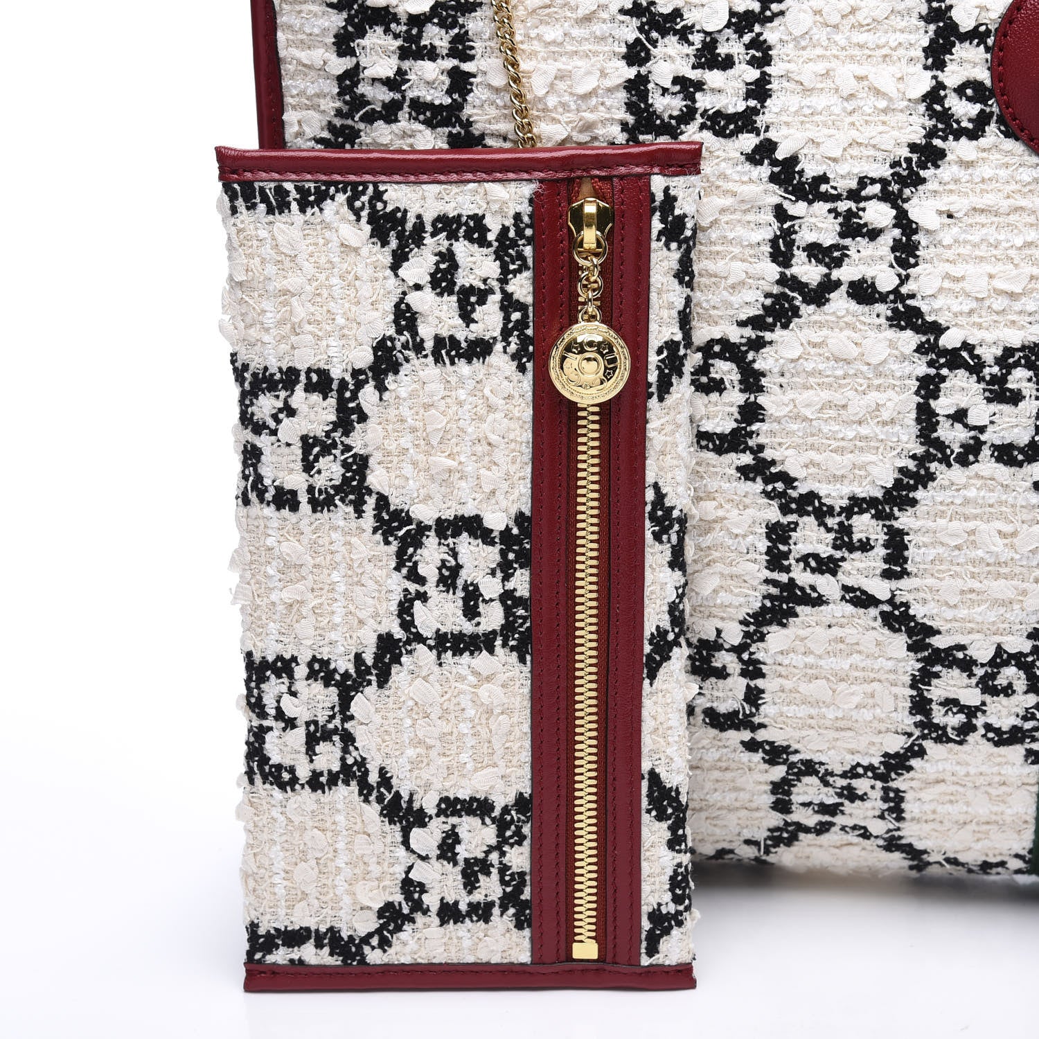 Gucci Tweed GG Monogram Large Rajah Chain Tote White Black Romantic Cherry 8 of 12