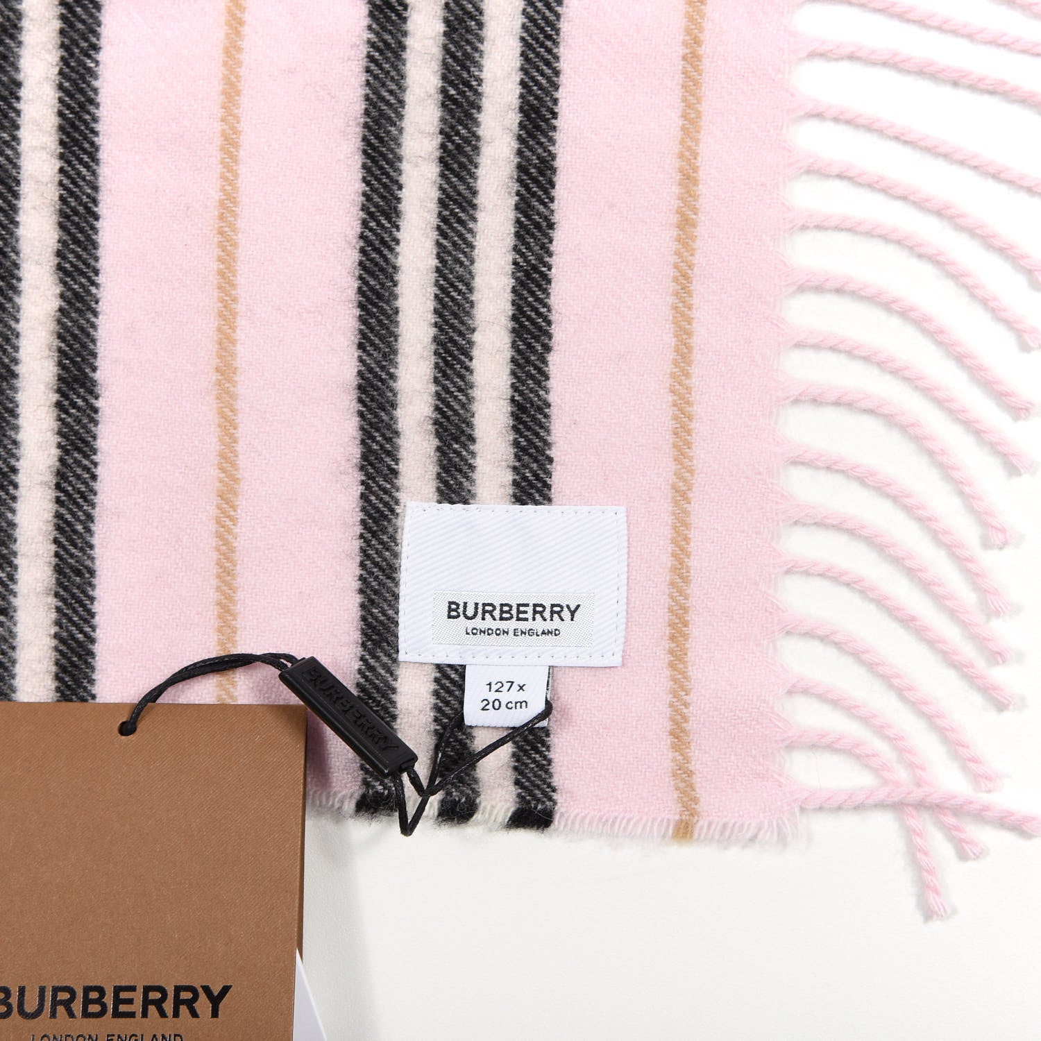 Burberry Cashmere Icon Stripe Fringe Scarf Alabaster 3 of 3