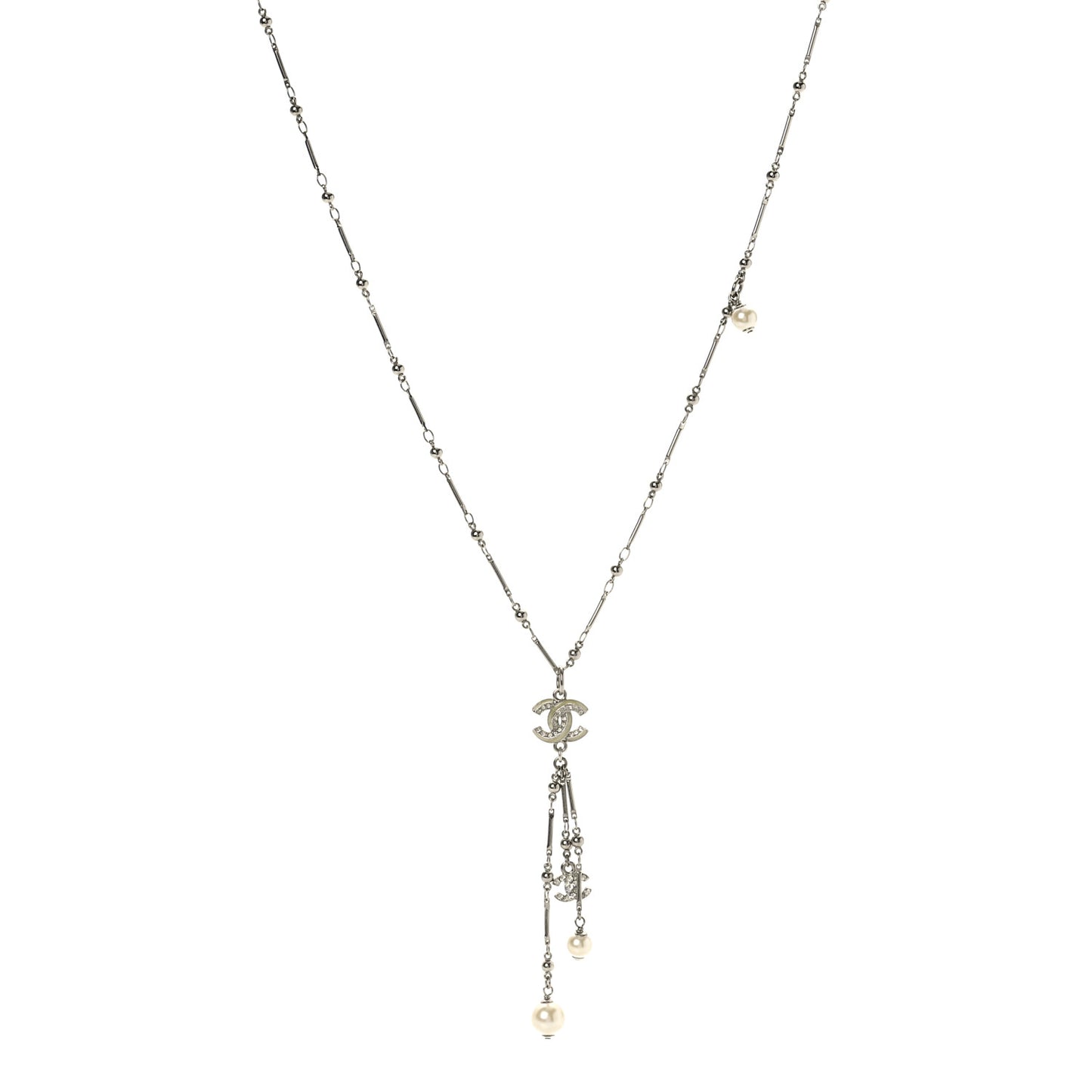 Crystal Pearl CC Beaded Long Necklace Silver