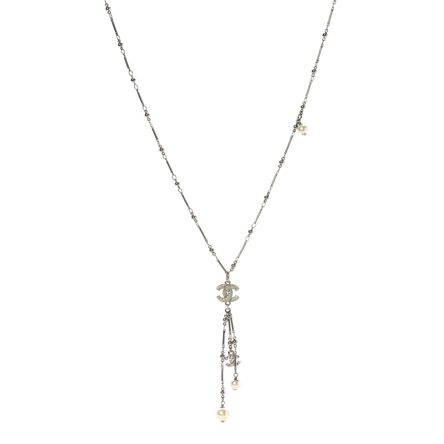 Chanel Crystal Pearl CC Beaded Long Necklace Silver 1 of 5
