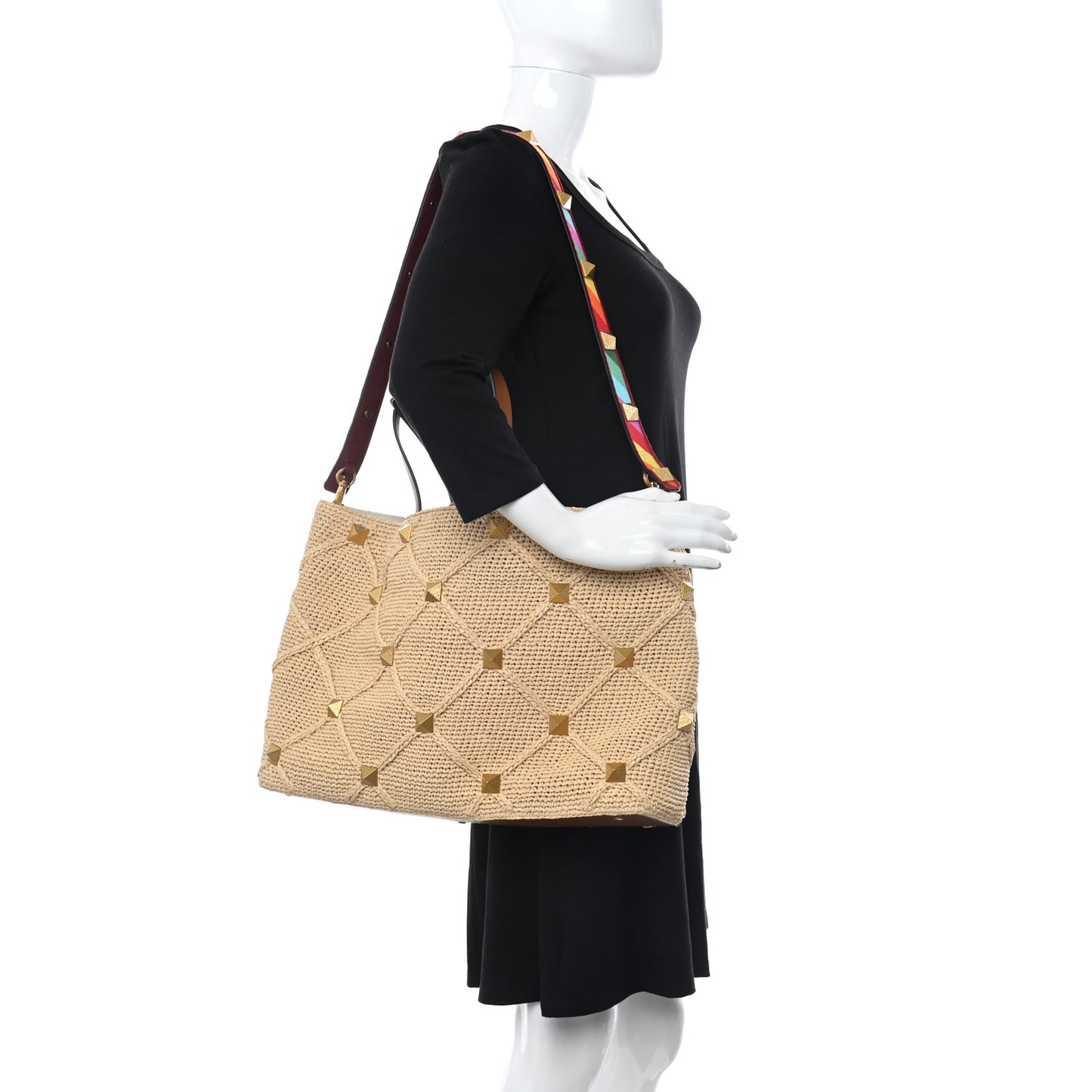 Raffia Calfskin Large Roman Stud Tote Naturale