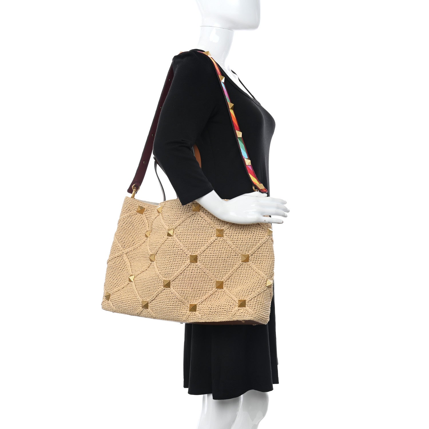 Valentino Garavani Raffia Calfskin Large Roman Stud Tote Naturale 2 of 9