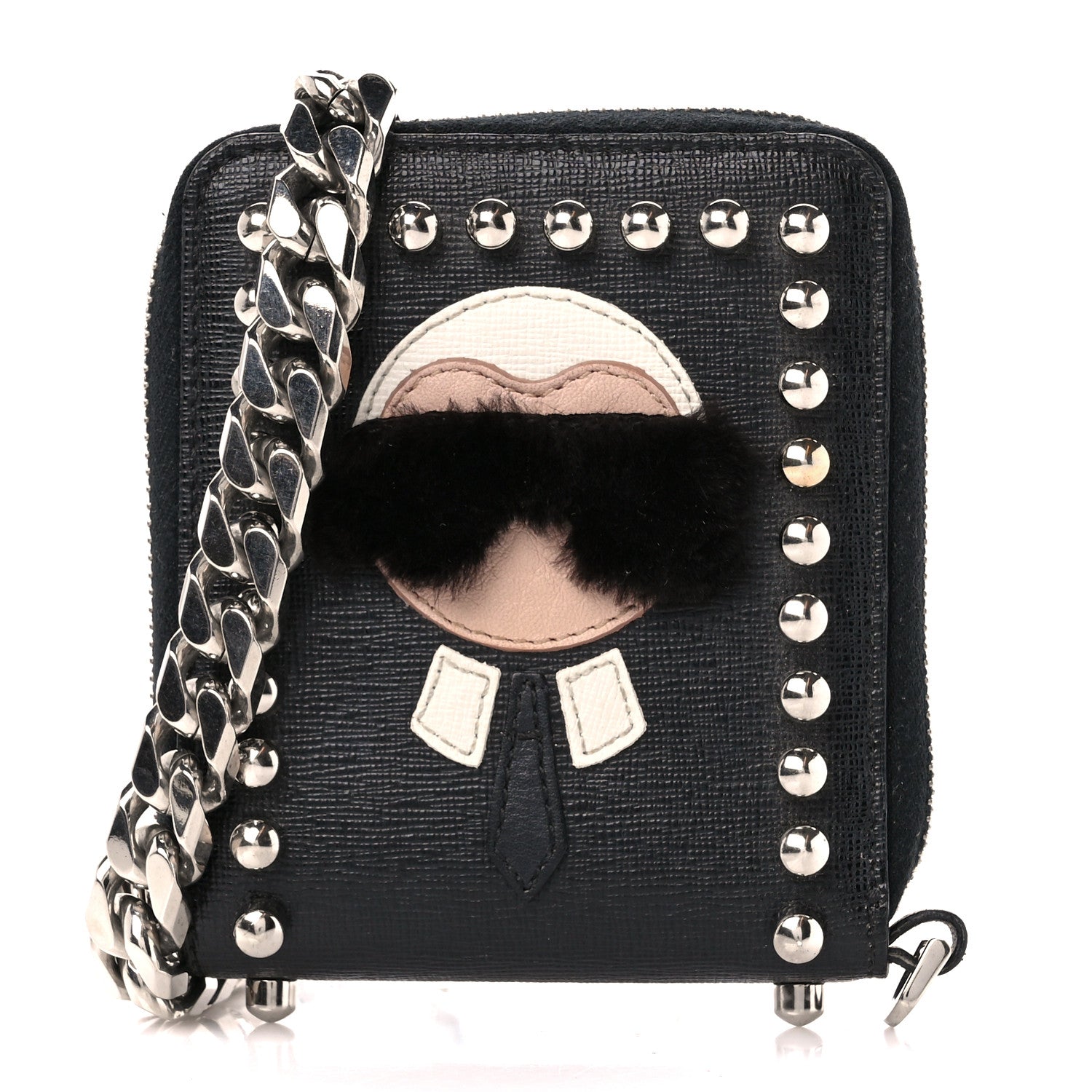 Fendi Vitello Elite Flamingo Mink Karlito Studded Zip Around Chain Wallet Black White Plaster 1 of 12