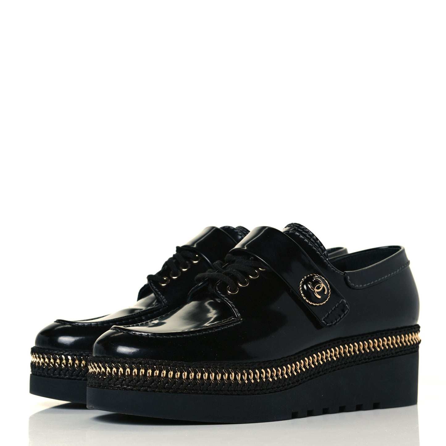 Shiny Calfskin Lace Up Platform Loafers 39 Black