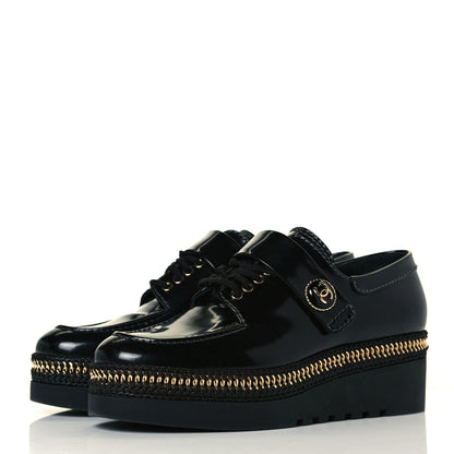 Chanel Shiny Calfskin Lace Up Platform Loafers 39 Black 4 of 8