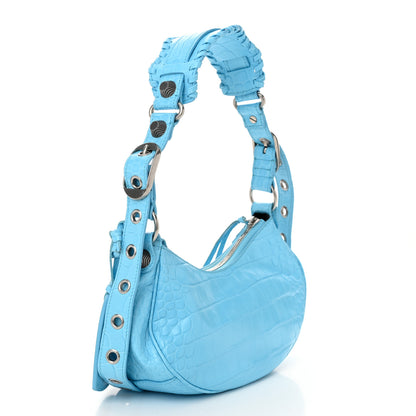Balenciaga Extra Supple Calfskin Crocodile Embossed Le Cagole Shoulder Bag XS Sky Blue 4 of 11